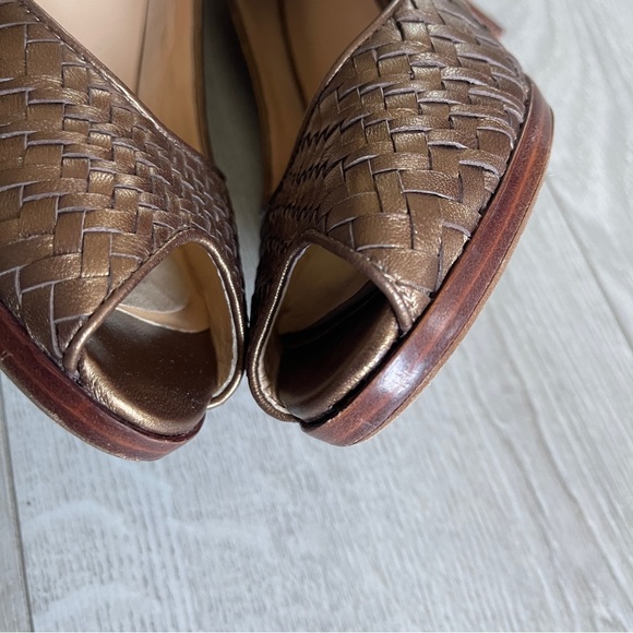 Cole Haan Gold Metallic Peep Toe Woven Pumps sz 8.5 B Leather Block Stiletto - Picture 10 of 12